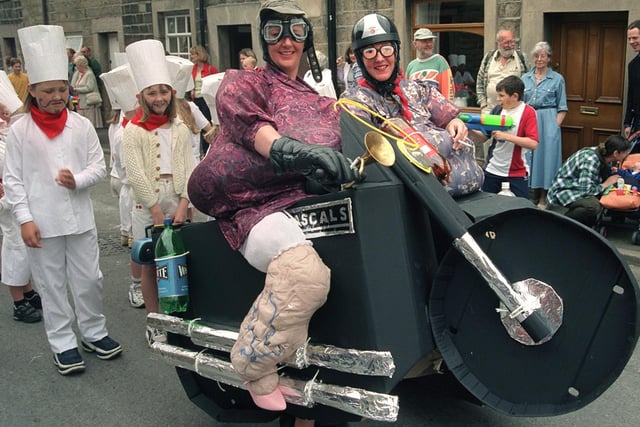 On your bike, Shirley Hutchinson and Glenis Eaves from the Rascals After School Club are Two Fat Ladies at Ribchester Field in 1999