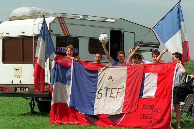 These French fans staying at the Euro 96 campsite near Temple Newsam get into the swing of things.