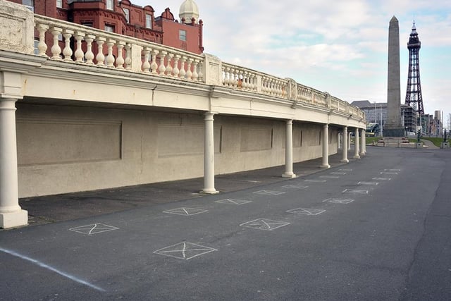 Social distancing markers on the Prom at North Shore, for the Street Angels soup kitchen, on March 31, 2020 (Picture: Henry Iddon)