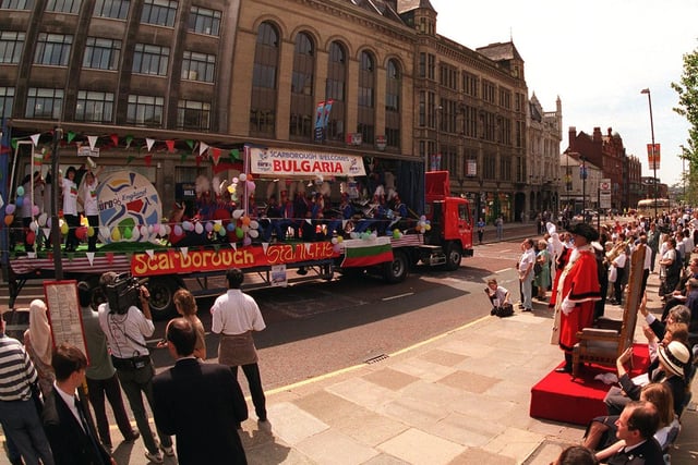 Euro '96 was the theme of the Lord Mayor's Parade and the Bulgarians, who were playing at Elland Road , were staying in Scarborough. Their float passes by the Lord Mayor.