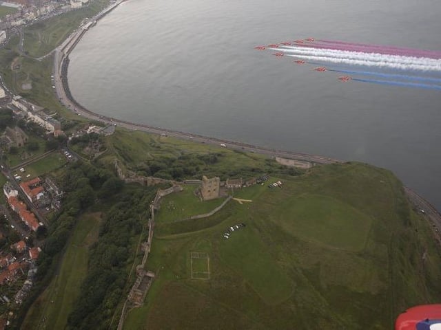 The Hawk jets are pictured flying over Scarborough, with the castle below. Photo: Crown Copyright 2020.
