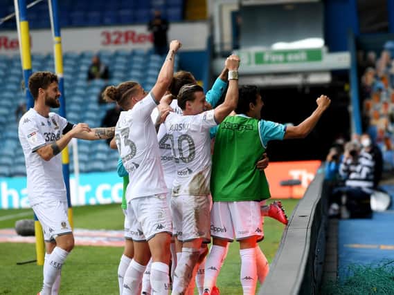 Leeds United celebrate Jack Harrison's strike in Saturday's 3-0 win at home to Fulham. Picture by Simon Hulme.