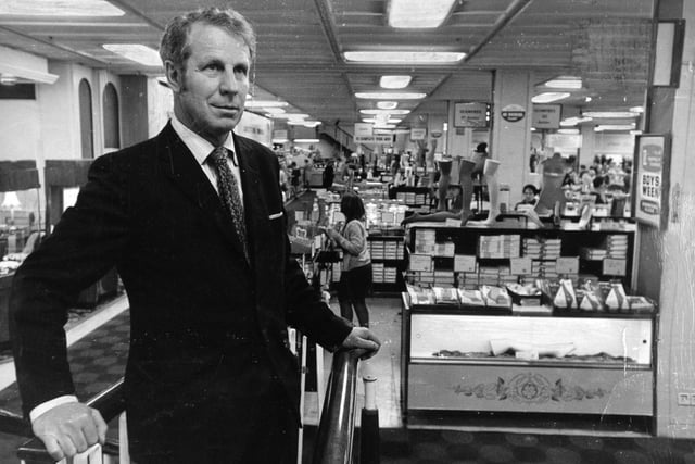 Peter D Schofield, the chairman of Schofields, surveys the displays at the Leeds store in October, 1970. Items on sale included shirts, tights and other goods.