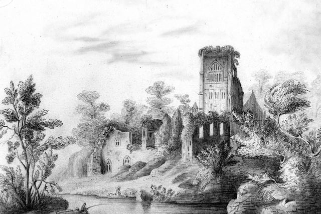 A pencil sketch view looks from the banks of the RIver Aire onto the ruins of Kirkstall Abbey.