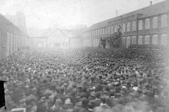 A huge crowd assembled for the address of Herbert Gladstone at the Great Liberal Meeting. It was held in the Mixed Cloth Hall Yard where City Square is now sited.