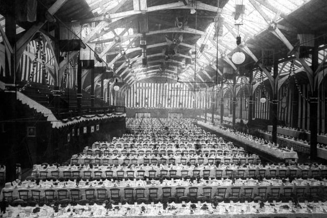 Interior of Coloured Cloth Hall set out for W E Gladstone's meeting. The Prime Minister visited Leeds in 1881 to address the Liberal Party.