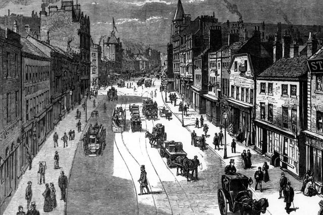 Briggate, looking north from the railway bridge. This engraving shows streets thronged with people, also horses and carriages and several trams.
