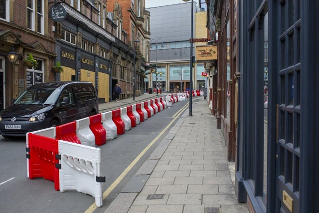 Social distancing barriers were installed across Leeds, including here on Mill Hill