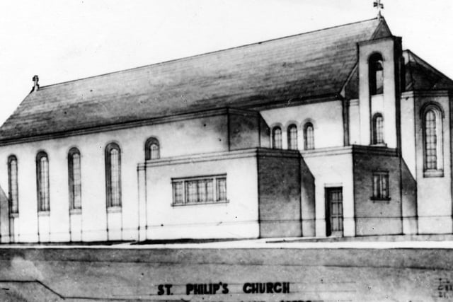 Drawing of St Philip's Church on Osmondthorpe Lane. A breaking ground ceremony was held on August 13, 1932. The foundation stone was laid by the Princess Royal (Countess of Harewood) in October of the same year.