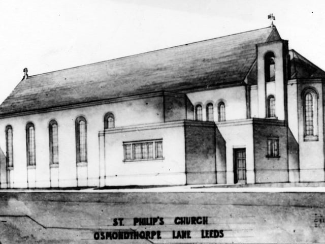 Drawing of St Philip's Church on Osmondthorpe Lane. A breaking ground ceremony was held on August 13, 1932. The foundation stone was laid by the Princess Royal (Countess of Harewood) in October of the same year.