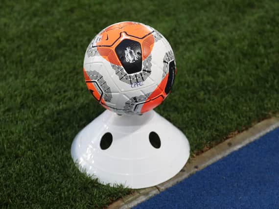 The match ball is seen on a plastic cone by the pitch during the Premier League match between Crystal Palace and Burnley FC at Selhurst Park on June 29, 2020 in London, United Kingdom. (Photo by Catherine Ivill/Getty Images)