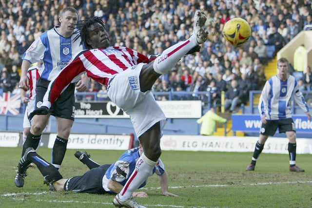 Ade Akinbiyi of Sheffield United has a shot on goal during the Championship match between Sheffield Wednesday and Sheffield United at Hillsborough on February 18, 2006 in Sheffield, England. (Photo by Matthew Lewis/Getty Images)