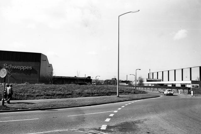 The junction of Gelderd Road and Domestic Road, showing Schweppes Ltd, Mineral Waters, on the left, with Great Clowes Distribution Warehouse behind this.