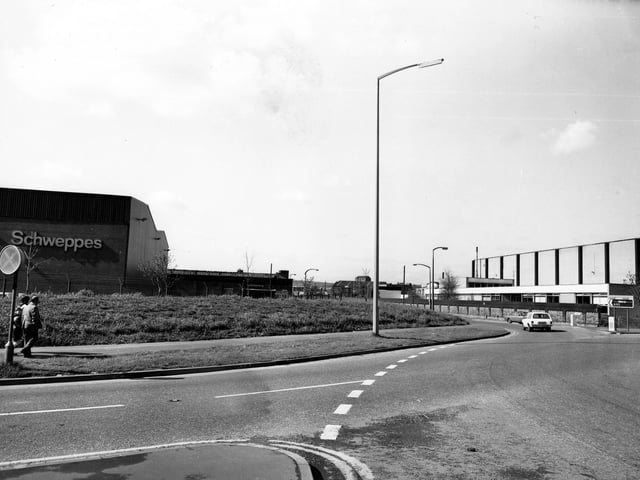 The junction of Gelderd Road and Domestic Road, showing Schweppes Ltd, Mineral Waters, on the left, with Great Clowes Distribution Warehouse behind this.