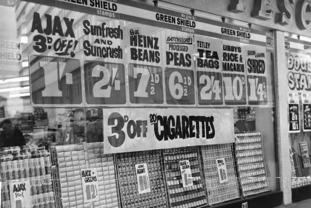 Supermarket shopping was well established but the prices have changed. This is the window of a Tesco's store in Leeds in September 1968.