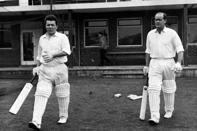 Brian Close, the Yorkshire captain, and Phil Sharpe going out to net practice at Headingley in April 1968.