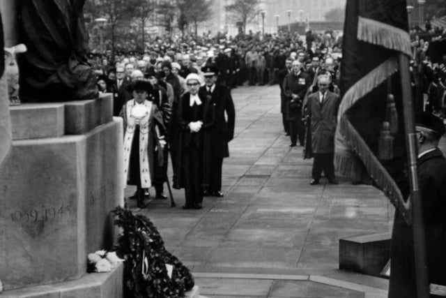 The Remembrance Day ceremony in front of Leeds War Memorial in November 1968.