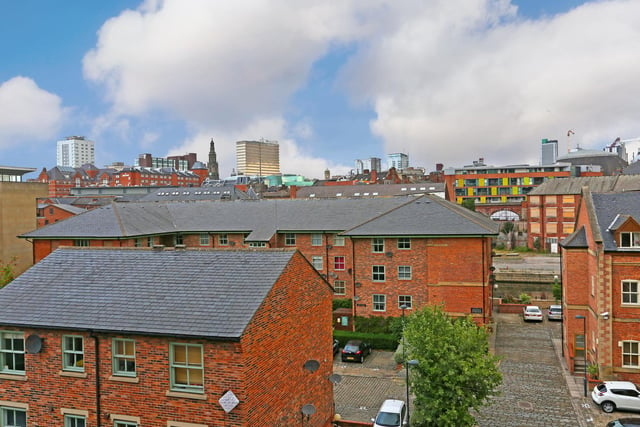 The apartment offers stunning rooftop views of Leeds.