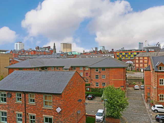 The apartment offers stunning rooftop views of Leeds.