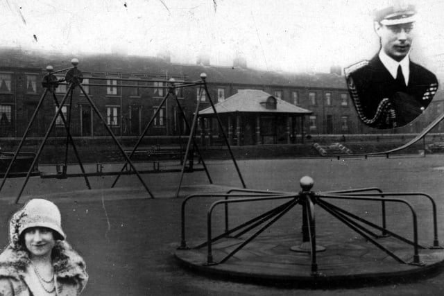 Souvenir postcard view of Pudsey Park in Church Lane with inset portraits of the young Duke and Duchess of York, later to become King George VI and Queen Elizabeth on the abdicaton of King Edward VIII in 1936.