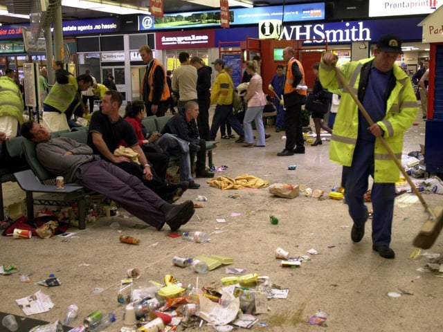 The clear-up operation underway at Leeds City Station on Sunday morning after the Love Parade.