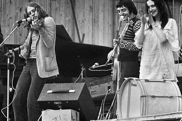 Scottish psychedelic folk band "The Incredible String Band" playing at Bickershaw Festival in 1972.