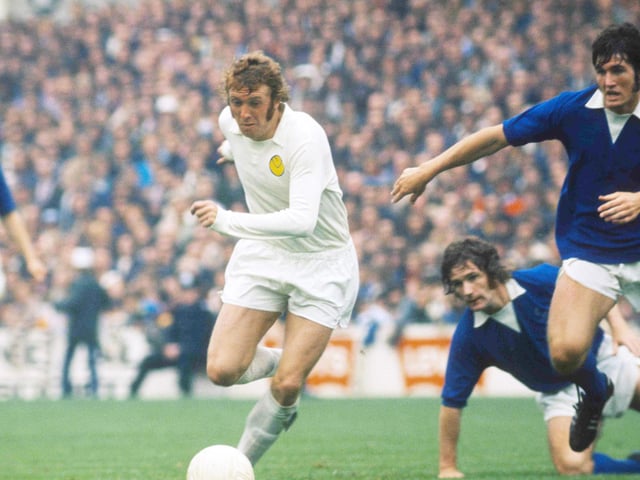 Mick Jones in action against Everton on the opening day of the season. He scored as the Whites won 3-1.