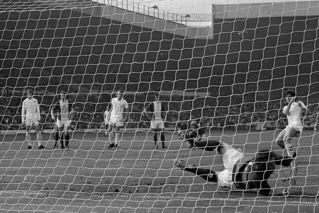 Peter Lorimer scores for the penalty spot on his way to a hat-trick against Birmingham City at Elland Road in September 1973.