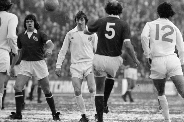 Match action from Elland Road in early December 1973 as the Whites drew 2-2 with Queen's Park Rangers at Elland Road. Mick Jones and Billy Bremner scored for Leeds.
