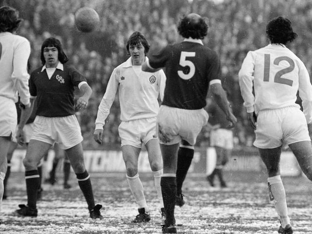 Match action from Elland Road in early December 1973 as the Whites drew 2-2 with Queen's Park Rangers at Elland Road. Mick Jones and Billy Bremner scored for Leeds.