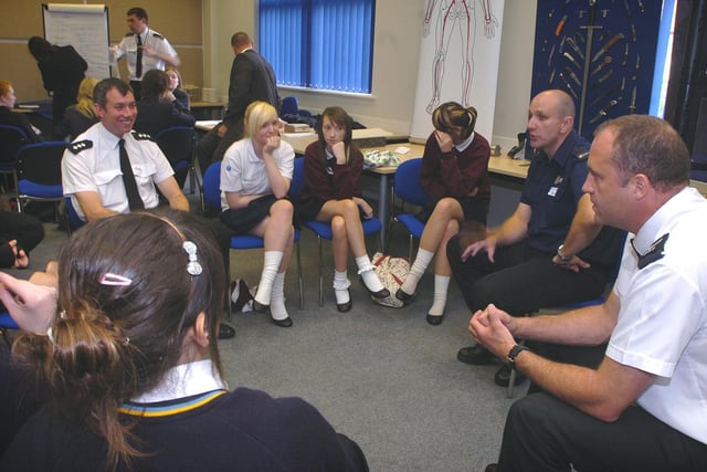 High school students from across Blackpool were at the City Learning Centre for a childrens conference with police about the problems of knife crime. Pictures shows pupils and police in workshop groups