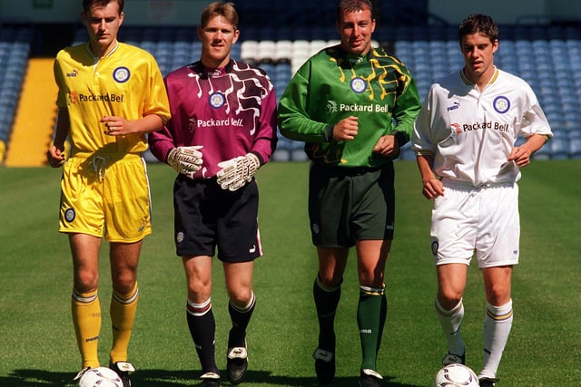 Wearing the new Leeds United strip for the 1996/97 season are pictured, left to right David Weatherall, Paul Evans, Mark Beeney and Andy Gray.