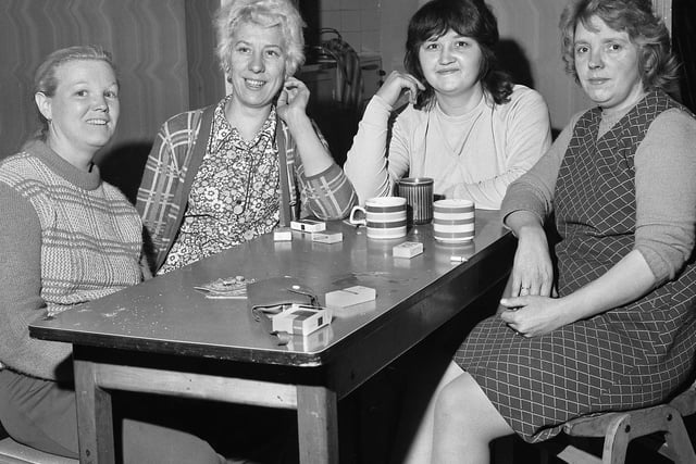 Newtown Labour Club cleaners Jean Spencer, Maureen Roberts, Lilian Randall and Lily Hughes have a break in the Alderman Horrocks concert room in December 1971.