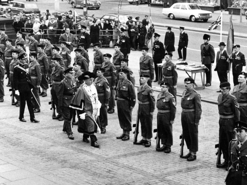 Lord Mayor of Leeds, Alderman Joshua S. Walsh, inspects the parade of the 49th (Yorkshire) Signal Regiment, Royal Signals (Territorial Army), during the ceremony which bestowed the freedom of the city on the regiment.