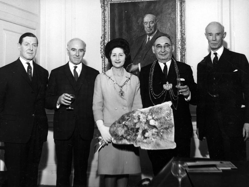 Alderman J.S. Walsh, Lord Mayor of Leeds, and Mayoress attending the official opening of the new office of the Westminster Bank at no. 8 Park Row.