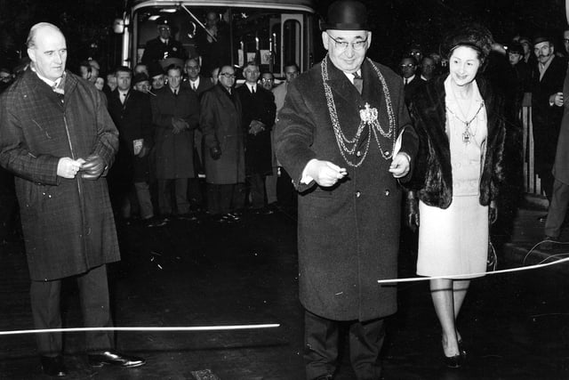 The Lord Mayor of Leeds, Alderman Joshua Walsh, opening the first stage of the Leeds Inner Ring Road watched by his wife and a large crowd of onlookers in January 1967. It ran from from Westgate roundabout to Woodhouse Lane.