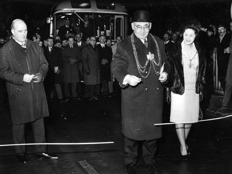 The Lord Mayor of Leeds, Alderman Joshua Walsh, opening the first stage of the Leeds Inner Ring Road watched by his wife and a large crowd of onlookers in January 1967. It ran from from Westgate roundabout to Woodhouse Lane.