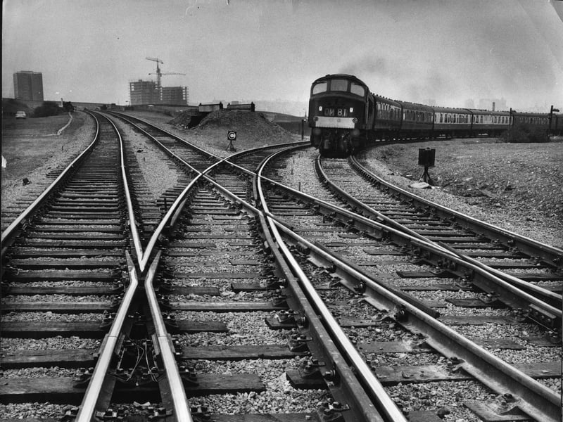 The new Gelderd Curve at Leeds City Station. The track on the right was raised 12ft. and moved sideways to make the connection.