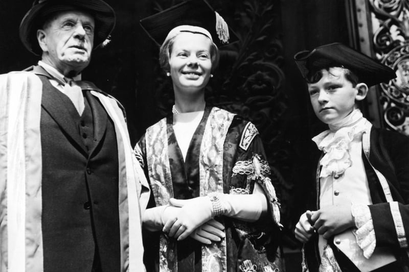 The Duchess of Kent with her father, Sir Willliam Worsley, on whom she conferred an honorary degree at Leeds Town Hall in May 1967.