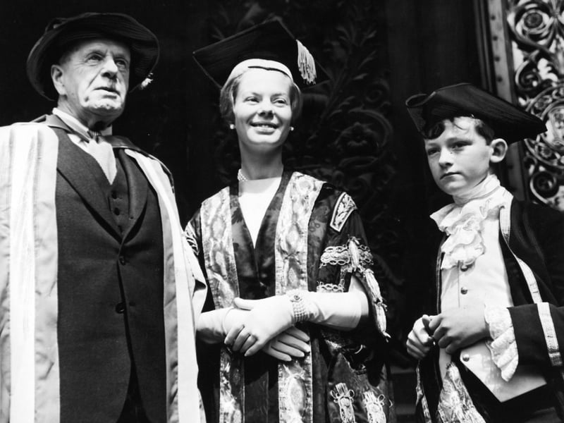 The Duchess of Kent with her father, Sir Willliam Worsley, on whom she conferred an honorary degree at Leeds Town Hall in May 1967.