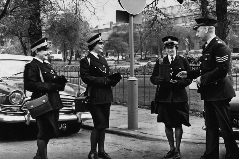 The three Leeds women traffic wardens who started work. Pictured are Irene Miller, Marjorie Clark and Violet Johnson with Sgt Norman Hardy. Pictured in April 1967.