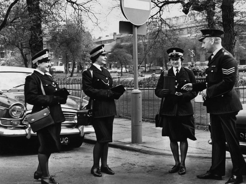 The three Leeds women traffic wardens who started work. Pictured are Irene Miller, Marjorie Clark and Violet Johnson with Sgt Norman Hardy. Pictured in April 1967.