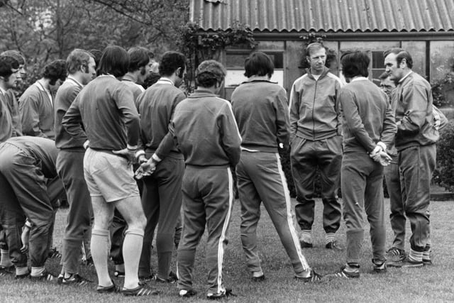 Leeds United manager Don Revie talking to his squad, including Jack Charlton in May 1972.
