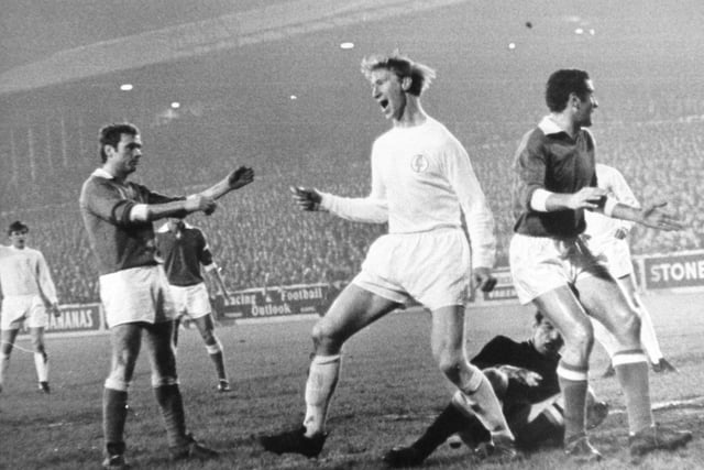 Jack Charlton celebrates after Leeds United scored against Napoli in the Inter-Cites Fairs Cup clash at Elland Road in November 1968.