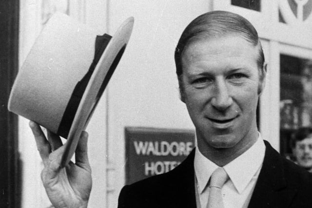 Jack Charlton on his way to receive OBE from Buckingham Palace.