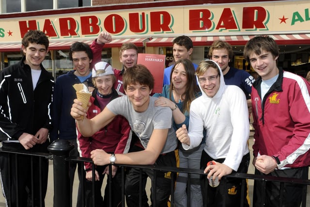 Talented rower James Briggs, who won a place at the prestigious Harvard University, pictured with his mum Jayne Watson, on a visit back to Scarborough, and to his favourite Harbour Bar, in 2010, with his fellow rowers from Shiplake College, in Henley-on-Thames.