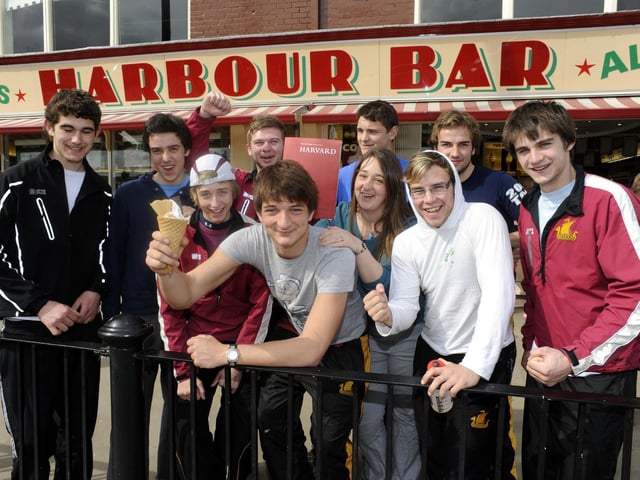 Talented rower James Briggs, who won a place at the prestigious Harvard University, pictured with his mum Jayne Watson, on a visit back to Scarborough, and to his favourite Harbour Bar, in 2010, with his fellow rowers from Shiplake College, in Henley-on-Thames.