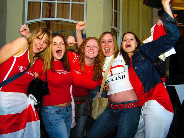 Harbour Bar girls Georgina, Hayley, Annika, Helen, and Becky celebrate England's win over Croatia in the Old Vic, in 2004.