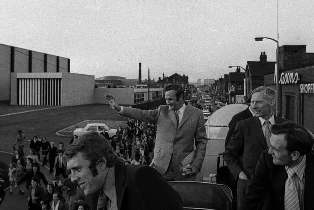 Don Revie waves to the fans.