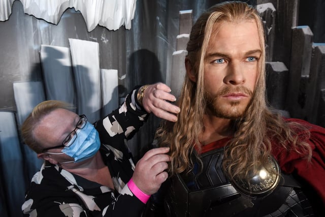 Trudie Knowles with Thor, Chris Hemsworth, at Madame Tussauds Blackpool